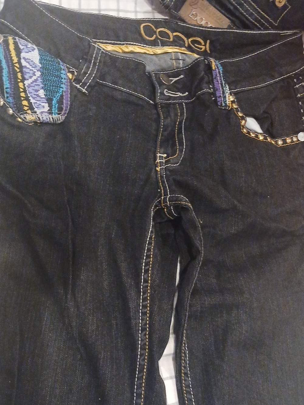 COOGI Women's Dark Blue Skinny Jeans with Embroidered Patch & Chain